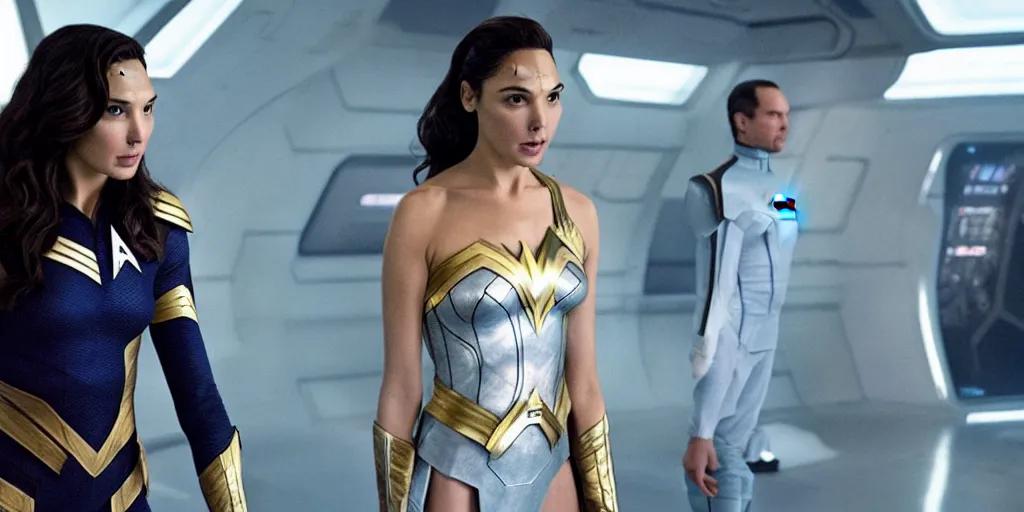 Image similar to Gal Gadot, in full starfleet uniform, is the captain of the starship Enterprise in the new Star Trek movie