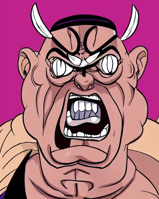 Prompt: Eustace Bagge as a bodybuilder anime villain, drawn by Yusuke Murata, full color, high octane, trending on artstation, digital art