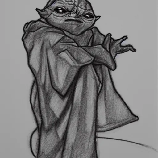 Image similar to full body black and white pencil sketch of a muscular Yoda