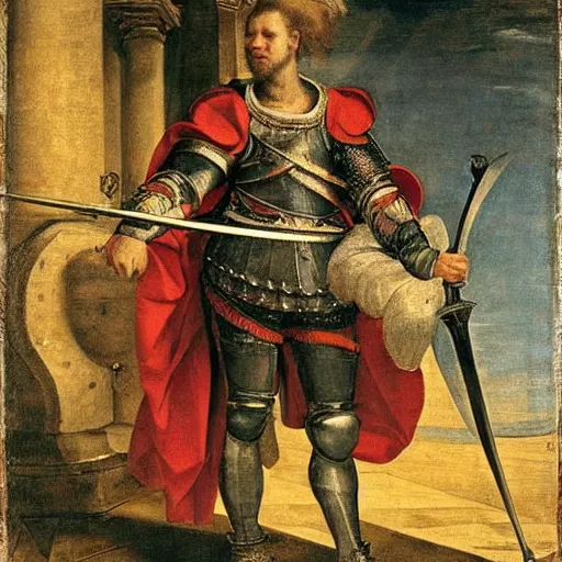 Image similar to donald trump, wearing knight ’ s armor, holding a spectacular broadsword, by annibale carracci, full body