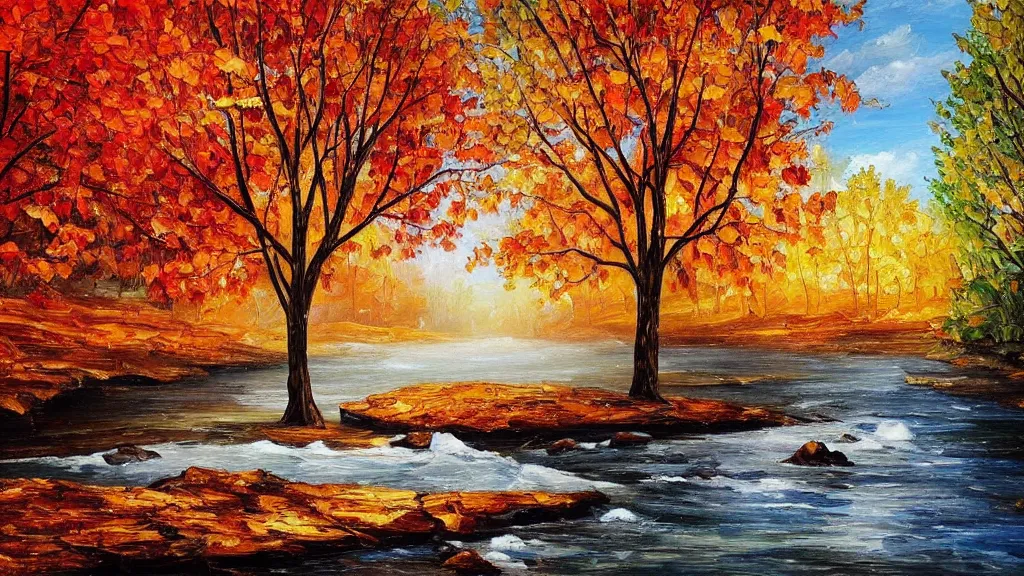 Prompt: A beautiful, highly detailed, very realistic oil painting of a single tree with lots of golden and red leaves, next to a small river made of pure gold in the middle of a huge, very dark cave, with lots of dark grey rocks, oil painting by Afremov.