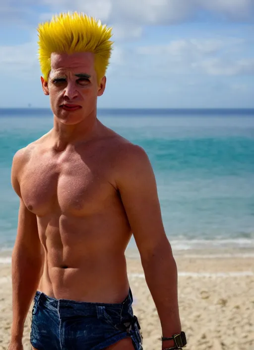 Image similar to professional photo of masculine and brutal bart simpson on the beach at noonday, blur background