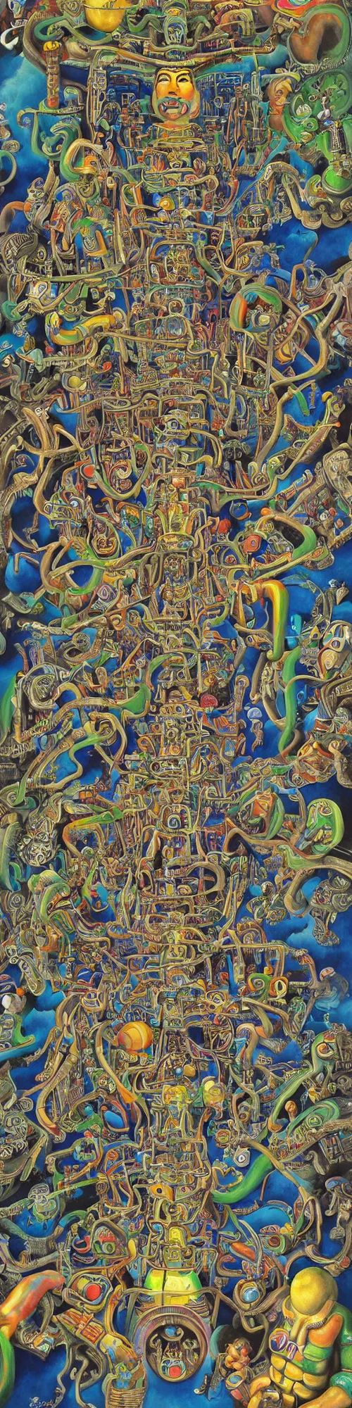 Prompt: mayan shaman dissolving into liquid cybernetic transhumanistic bio mechanical game console, basil wolverton, high detail, nintendo clouds, epic mural, studio ghibli, mc escher, picasso, dali, muted but vibrant colors, cubism, gold speckles, rainbow tubing