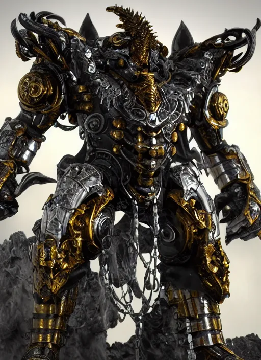 Prompt: hyper realistic glorious ancient wargreymon in a obsidian metal armor, futuristic design, designed by makoto kobayashi and luca zampriolo, portrait, cyberpunk style, wood and gold details, intricate, extremely detailed, ornate, deep of field, hard surface, exoskeleton, substance designer metal unreal engine. human proportion.