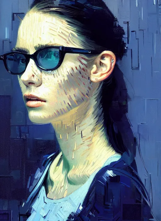 Prompt: portrait of beautiful girl, new york, rain, shades of blue and grey, beautiful face, rule of thirds, intricate outfit, spotlight, by greg rutkowski, by jeremy mann, by francoise nielly, by van gogh, digital painting
