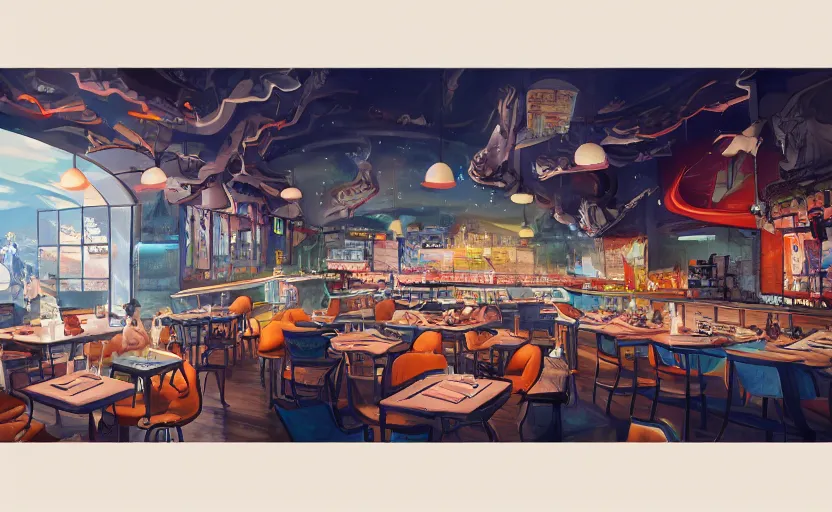 Image similar to a hyper creative and vivid painting of the restaurant at the end of the universe. trending on artstation