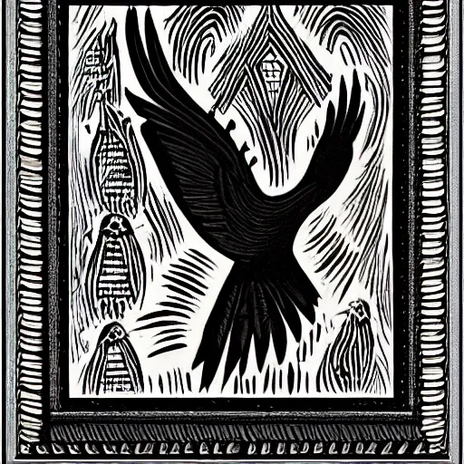 Prompt: a bird rising above the flames, mexican folk art, native american folk art, relief engraving, framed art, simple, deep black shading, mild expressionism, award winning