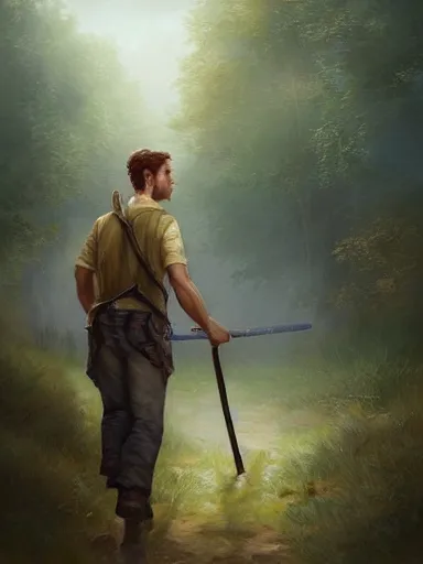 Image similar to a youthful handsome man walking in a rural area holding a staff. intricate, elegant, highly detailed, digital painting, artstation, concept art, sharp focus, illustration, by justin gerard and artgerm, 8 k