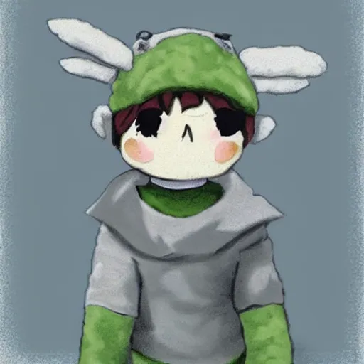 Prompt: little boy wearing sheep suit. white, gray, blue, green and brown pallet color. made in abyss art style, inspired in chris from deltarrune, artgerm, pixar movie