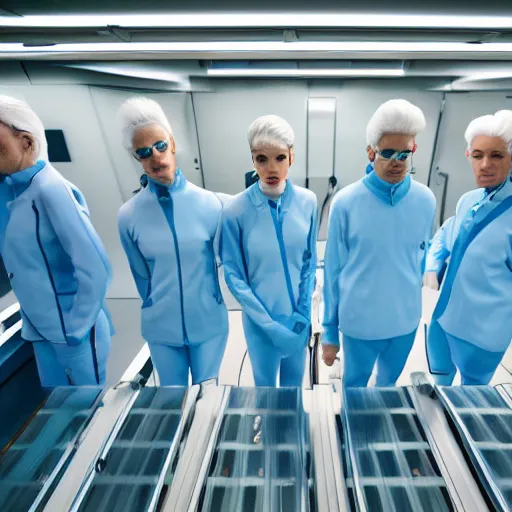 Image similar to group of identical athletic humans with light blue neoprene suits and white hair standing in a line on a conveyor belt, background of advanced futuristic laboratory, sci - fi, highly detailed, hyperrealistic