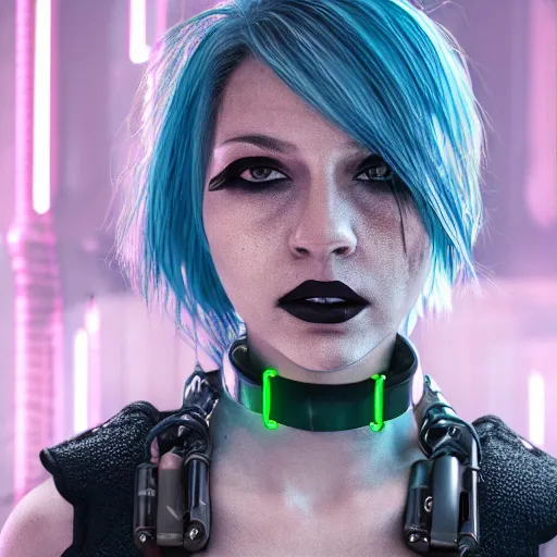 Image similar to detailed realistic cyberpunk female character cyberpunk wearing steel collar around neck, realistic, art, beautiful, 4K, collar, choker, collar around neck, punk, artstation, detailed, female, woman, choker, cyberpunk, neon, punk, collar, choker, collar around neck, thick collar, choker around neck, wearing choker, wearing collar, bright neon punk hair,