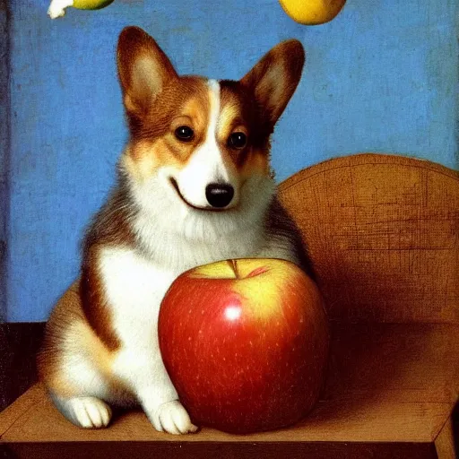 Image similar to corgi with an apple on its head, 4 k, leonardo da vinci