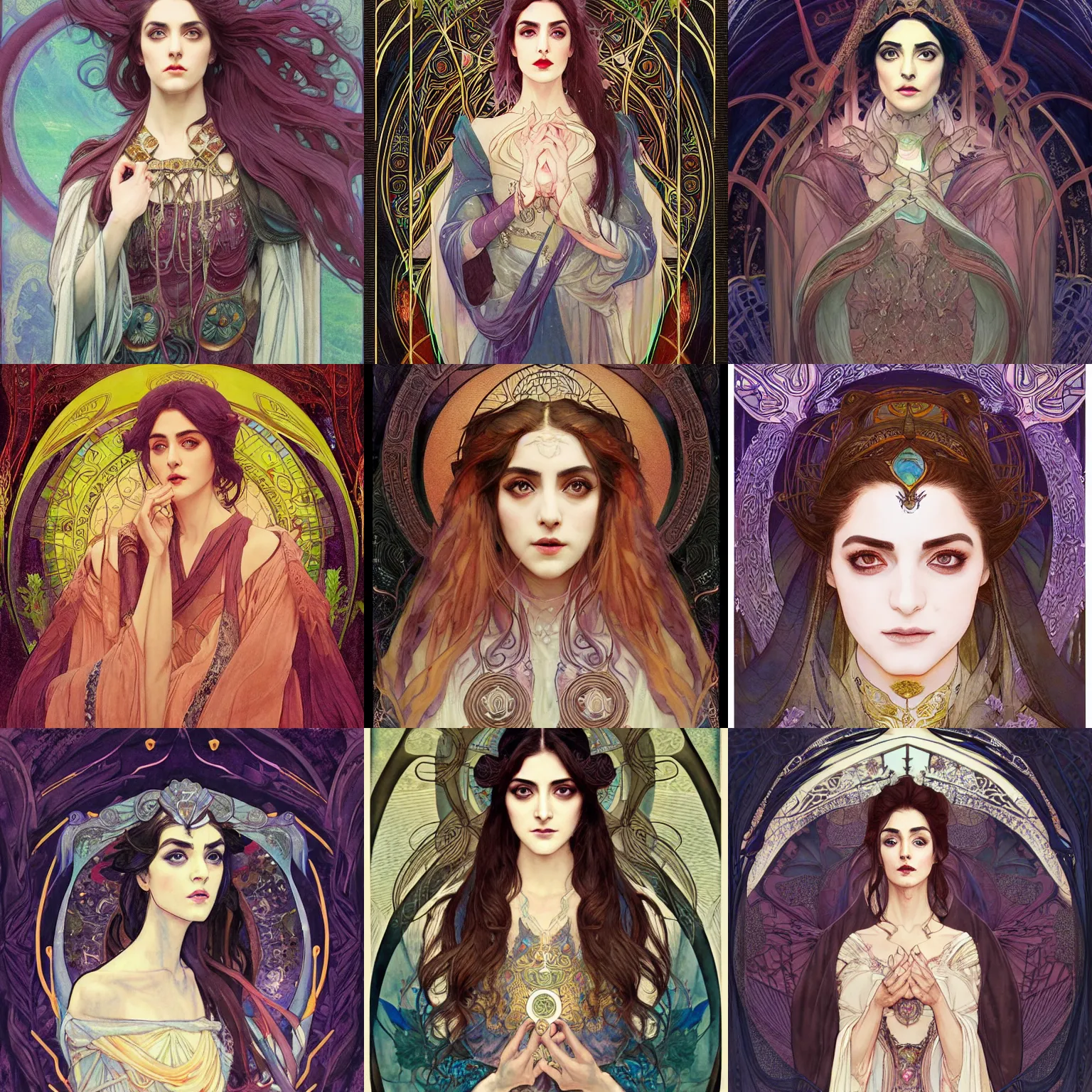 Prompt: masterpiece head-on symmetrical centered painted portrait, Maya Ali as D&D sorcerer, hand painted Art Nouveau watercolour, wearing wizard robes, delicate, elegant, tarot card background, in the style of ROSSDRAWS and Ruan Jia and Ross Tran and Alphonse Mucha and Ayami Kojima and Charlie Bowater and Karol Bak and Jean Delville