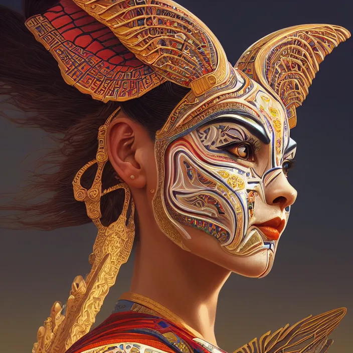 Image similar to symmetry! portrait of a sphinx!!, face decorated with chinese opera motifs, leds horizon zero dawn machine, intricate, elegant, highly detailed, digital painting, artstation, concept art, smooth, sharp focus, illustration, art by artgerm and greg rutkowski and alphonse mucha, 8 k