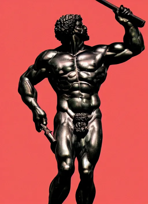 Image similar to black background, statue of hercules, thin red lines, dark, thin lines, neo vaporwave, poster art, trending on artstation