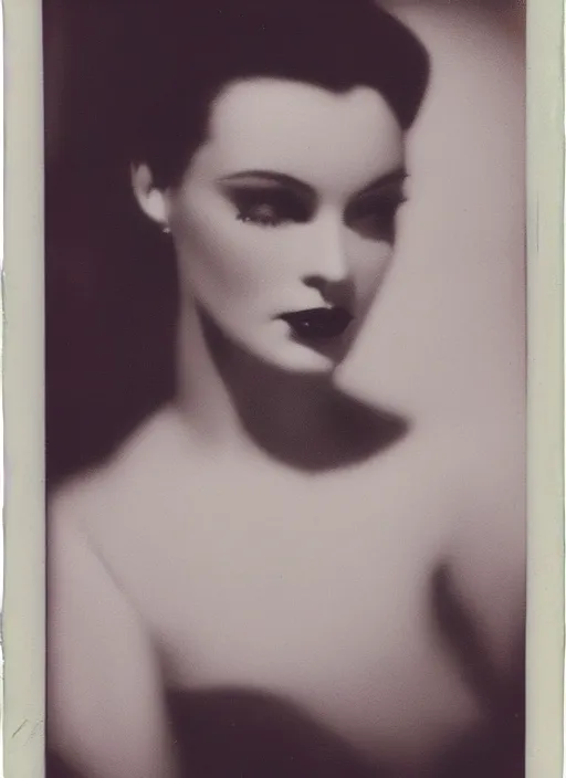 Image similar to a beautiful contemplative woman, flash polaroid photo by george hurrell,