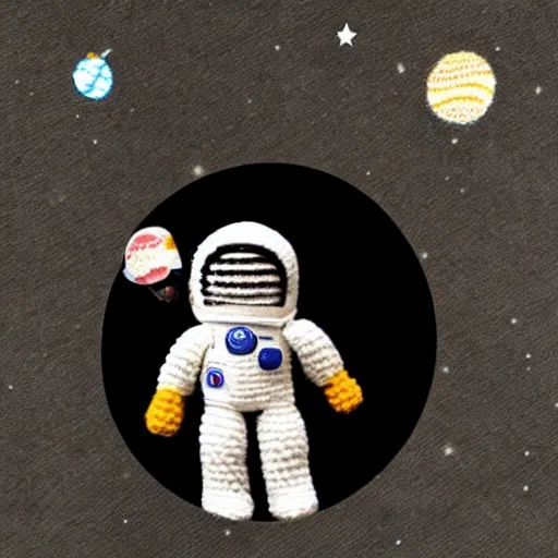 Prompt: polaroid of a cute toy crochete astronaut in real space