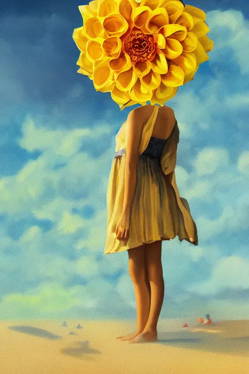Prompt: closeup girl with huge yellow dahlia flower face, beach, surreal photography, blue sky, sunrise, dramatic light, impressionist painting, digital painting, artstation, simon stalenhag