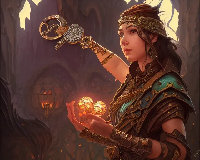 Image similar to dungeon master holding a keyring, deep focus, d & d, fantasy, intricate, elegant, highly detailed, digital painting, artstation, concept art, matte, sharp focus, illustration, hearthstone, art by artgerm and greg rutkowski and alphonse mucha