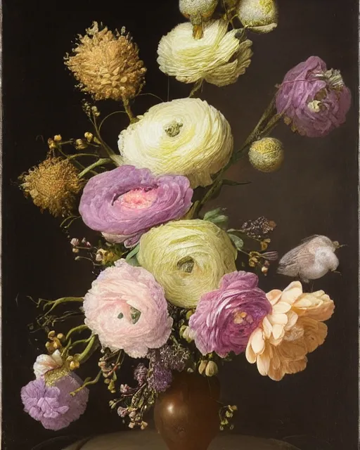 Image similar to still - life of bouquet of lilac and ranunculus with honeycomb bees and birds feathers, rachel ruysch, dark, moody