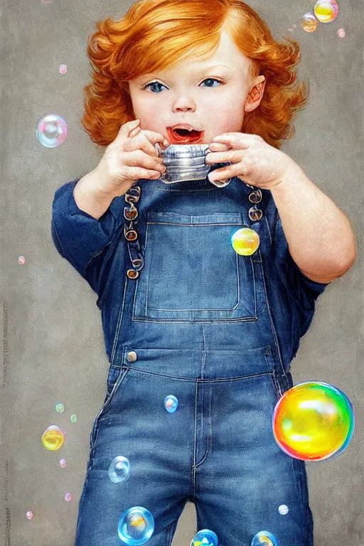 Image similar to a little boy with very short ginger hair wearing denim overalls chasing bubbles. clean elegant painting, beautiful detailed face, lots of bubbles. by norman rockwell and artgerm and greg rutkowski