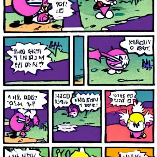 Image similar to a 4-panel comic about Kirby fighting pokemon in the style of calvin and hobbes