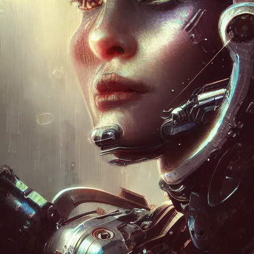 Image similar to A cyborg close up portrait, D&D, fantasy, intricate, cinematic lighting, highly detailed, digital painting, artstation, concept art, smooth, sharp focus, illustration, art by Akihiko Yoshida, Greg Rutkowski and Alphonse Mucha