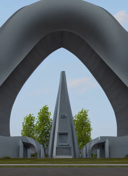 Image similar to highly detailed realistic architecture 3 d render of a futurisctic stele monument in the atomium brussels style standing near a highway, archdaily, made in unreal engine 4 octane render