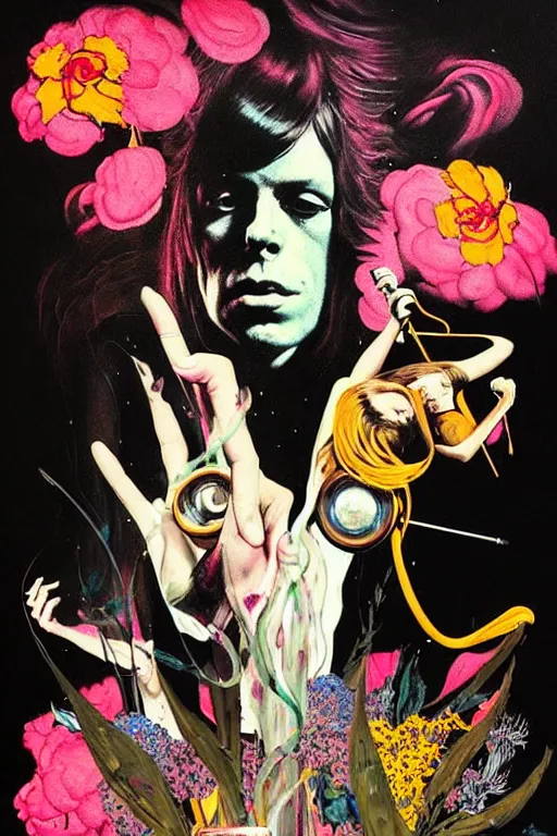 Image similar to the velvet underground and nico playing live on stage at a night club, beautiful stage decoration with flowers in the background, painting by james jean and norman rockwell, very detailed and colorful and toned down and ornamental and moody and cool and relaxed and high on drugs, trending on artstation, behance contest winner