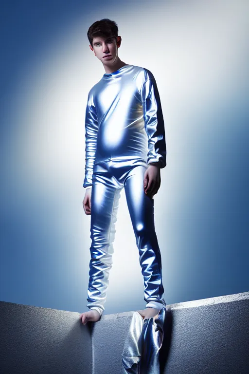 Image similar to un ultra high definition studio quality photographic art portrait of a young man standing on the rooftop of a british apartment building wearing soft baggy inflatable padded silver iridescent pearlescent clothing. three point light. extremely detailed. golden ratio, ray tracing, volumetric light, shallow depth of field. set dressed.