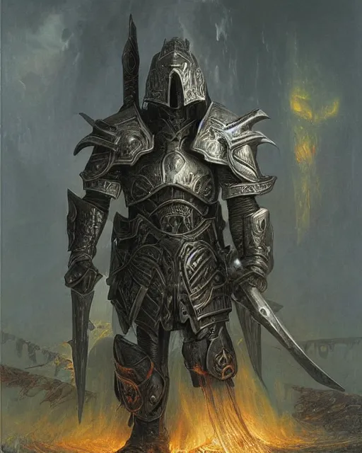 Prompt: a heavily armoured death knight by thomas cole and wayne barlowe