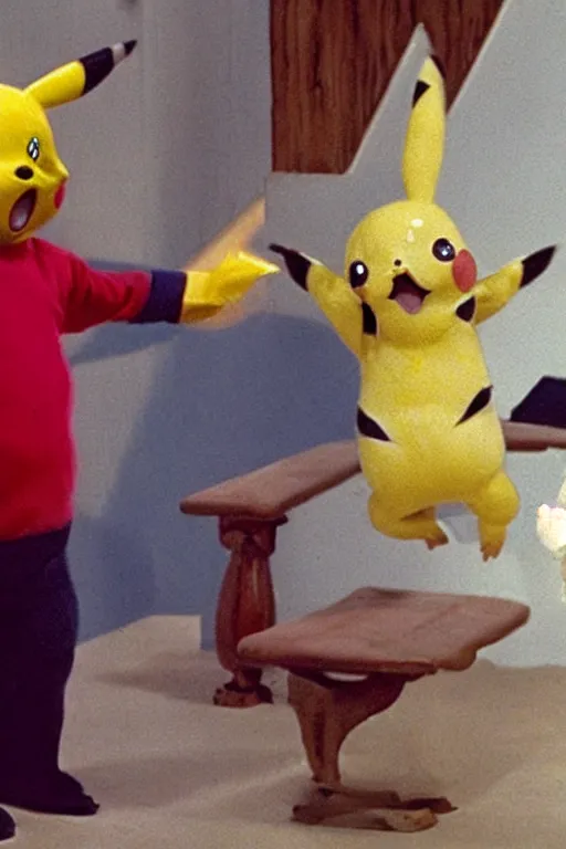Prompt: a still of pikachu confused that they are in an episode of kids in the hall