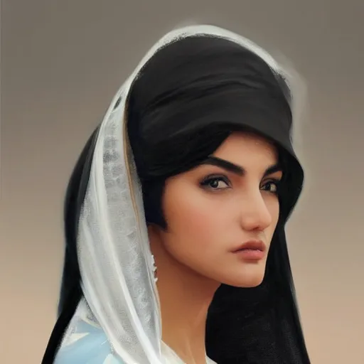 Image similar to faceshot of modern tanned Ameera al-Taweel, blue eyes, wavy black hair, white veil, highly detailed, digital painting, artstation, concept art, smooth, sharp focus, illustration, trending on ArtStation, art by artgerm and greg rutkowski and alphonse mucha and J. C. Leyendecker and Edmund Blair Leighton and Katsuhiro Otomo and Geof Darrow and Phil hale and Ashley wood and Ilya repin and Charlie Bowater