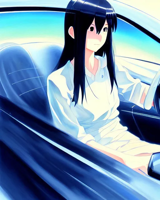Prompt: a ultradetailed beautiful painting of a stylish woman driving a car, by makoto shinkai, trending on artstation