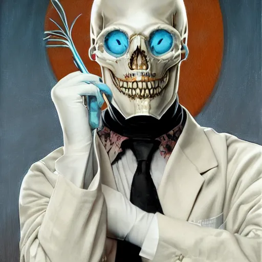 Image similar to Portrait of a suited blond with medical gloves and a skull face mask, by Gerald Brom and Kim Kyoung Hwan