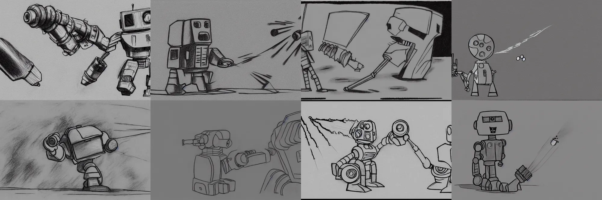 Prompt: robot firing projectiles from his mouth, pencil doodle, film still from an cartoon, action scene