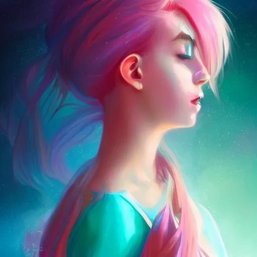 Image similar to colorful and festive captivating teenager girl with pink hair, cyan top crop, black skirt, black leggings, cute look. rich vivid colors, ambient lighting, dynamic lighting, 4 k, atmospheric lighting, painted, intricate, highly detailed by charlie bowater