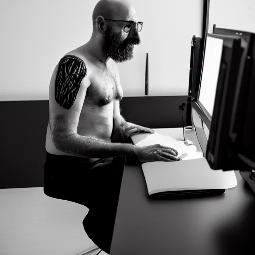 Prompt: dystopian photo of a skinny, bald, middle aged man with a closely cropped beard, skin tattoos, he is sitting at a desk with a pc in a dark room, atmospheric, blackness, glowing screen, crisp detail, medium distance, office cubicles, dramatic lighting, f / 3. 2 3 5 mm photo by paolo pellegrin