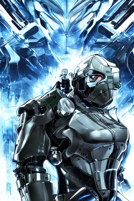 Image similar to cyber cyborg ninja mask helmet metal gear solid artic suit swat commando, global illumination ray tracing hdr fanart arstation by sung choi and eric pfeiffer and gabriel garza and casper konefal, a spectacular view cinematic rays of sunlight comic book illustration, by john kirby