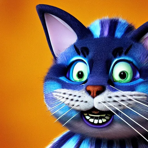 Prompt: cute blue striped cheshire cat. an adorable cat with light blue stripes, blue eyes and a big mischievous smile. stunning digital art by tom cross. fluffy, soft