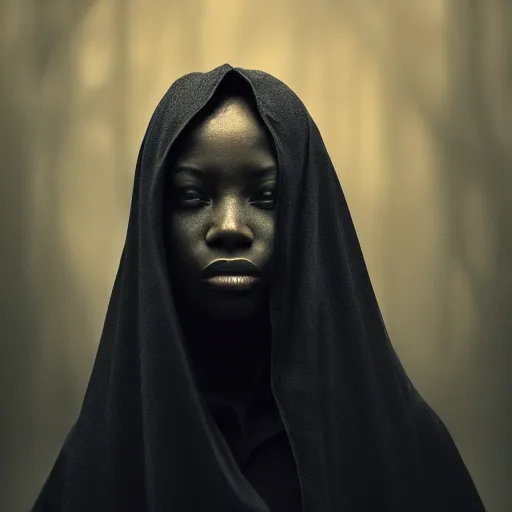 Image similar to a portrait of a young black woman wearing a long dark cloak, hood and shadows covering face, anatomically correct, beautiful perfect face, enigmatic, oil painting, matte painting, black background, Volumetric dynamic lighting, Highly Detailed, Cinematic Lighting, Unreal Engine, 8k, HD, by Beksinski