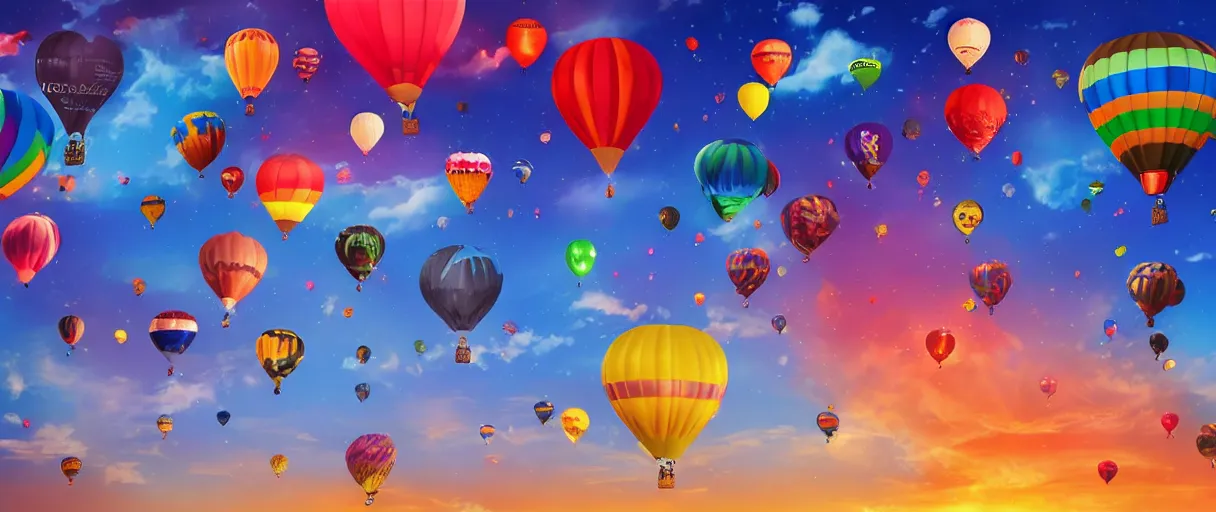 Image similar to joyful people are flying on colorful balloons, black hole on the sky, and they are moving into a fiery abyss in the sky, hyper realistic