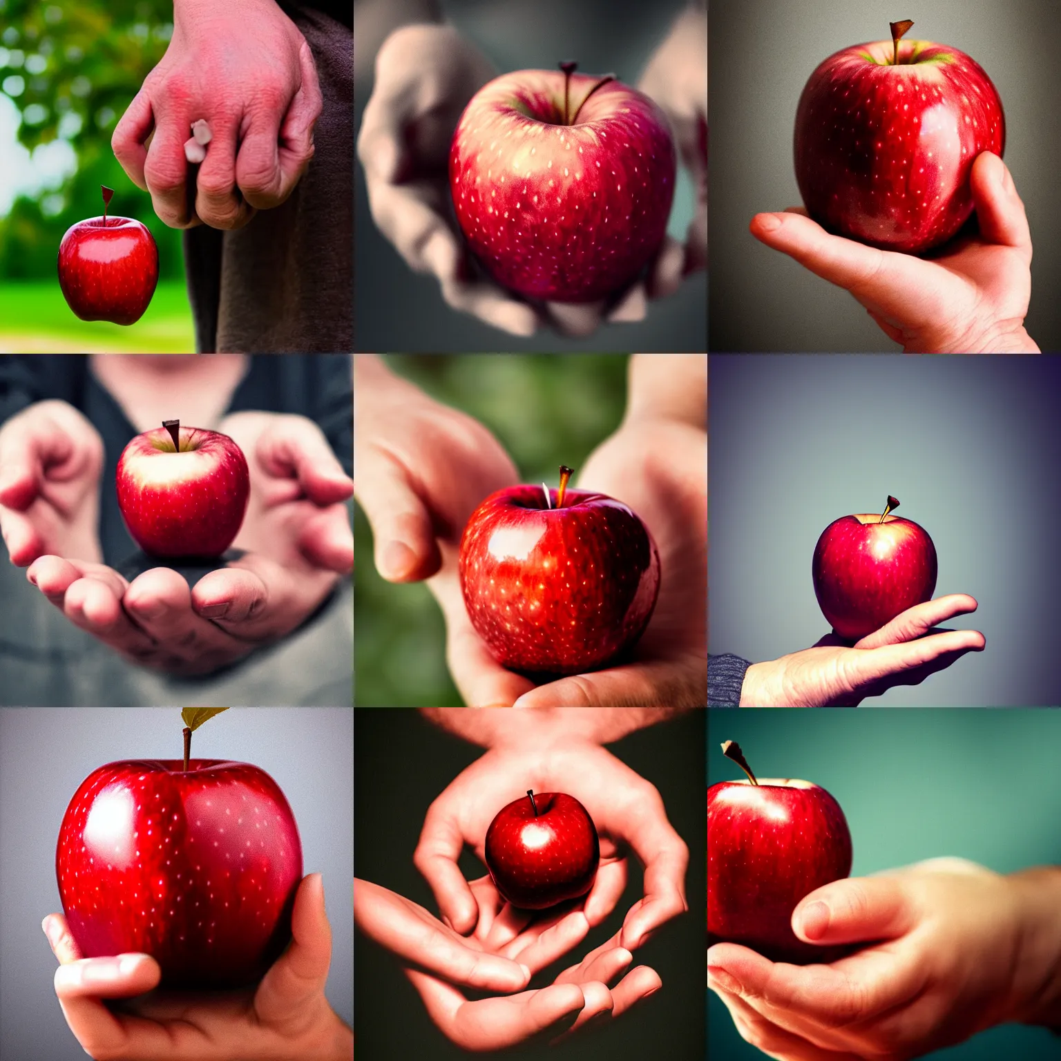 Prompt: Realistic photo of a red apple in an old man\'s Hand, HD, trending on artstation, 8k, beautiful photo, artistic photography