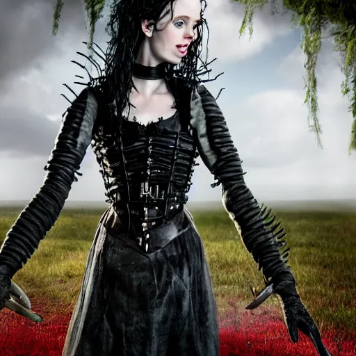 Image similar to Deborah Ann Woll as Regina Scissorhands in Edward Scissorhands Remake, (EOS 5DS R, ISO100, f/8, 1/125, 84mm, postprocessed, crisp face, facial features)