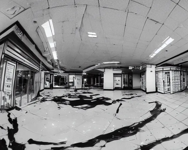 Prompt: camera footage of an abandoned shopping mall occupied by huge spiders, high exposure, dark, monochrome, camera, grainy, CCTV, security camera footage, timestamp, zoomed in, fish-eye lense, spiders!!!!,
