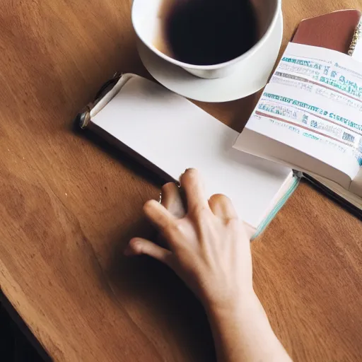 Prompt: my lovely woman working at the table with a notebook, a morning coffee on her side