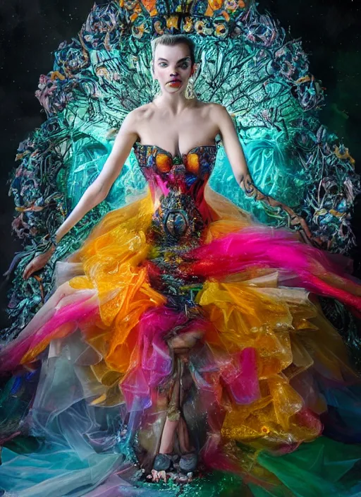 Prompt: expressive full body photo of anya taylor - joy, dress made of candies, glamour shot, by karol bak, stefan gesell, photorealistic, nikon d 4 x, fashion photography, hyper maximalist, elegant, ornate, luxury, elite, environmental portrait, symmetrical features, octane render, unreal engine, solid dark grey background, dramatic lights