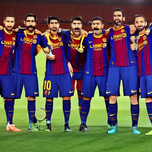 Image similar to fc barcelona team raising a lever as a trophy