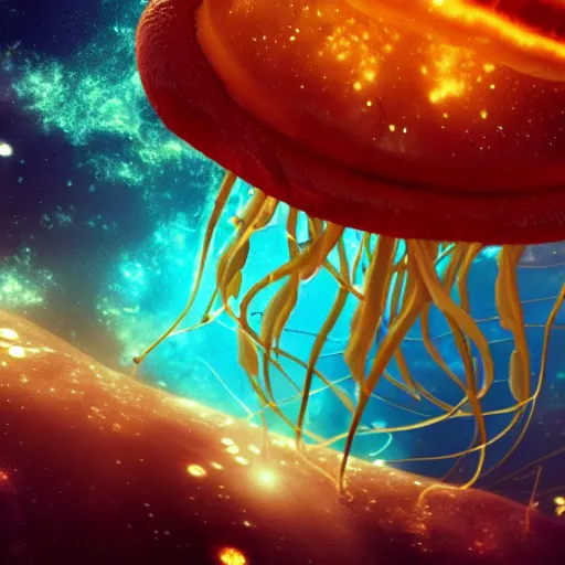 Prompt: A jellyfish like burger, its translucent wraps the nebula in the depths of space. Ultra clear material. 3D concept art. octane render. cinematic lighting, intricate details.