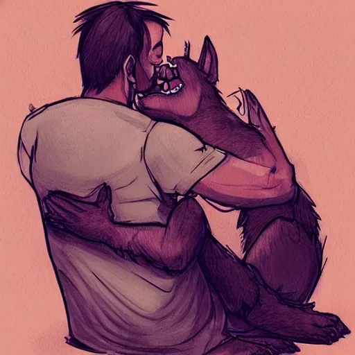 Prompt: two humanoid german shepherds beast - men, sitting on a couch and hugging together in cartoon style, smooth, sharp foccus ilustration, artstation